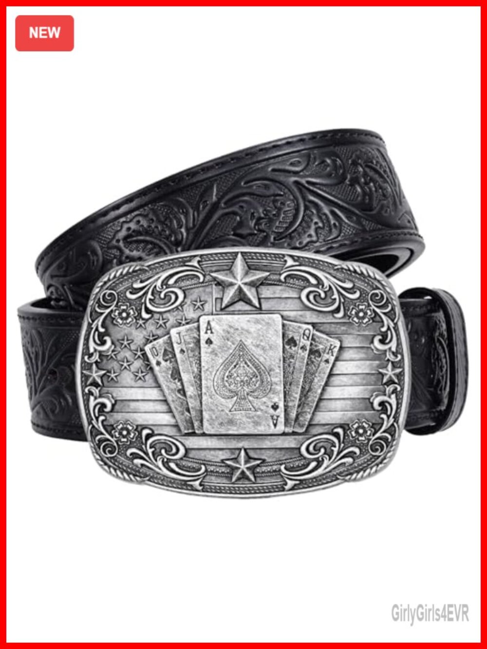 Western Cowboy Belt Split Leather Floral Embossed Poker Buckle